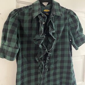 Ralph Lauren Green Plaid Ruffle Button Down Shirt